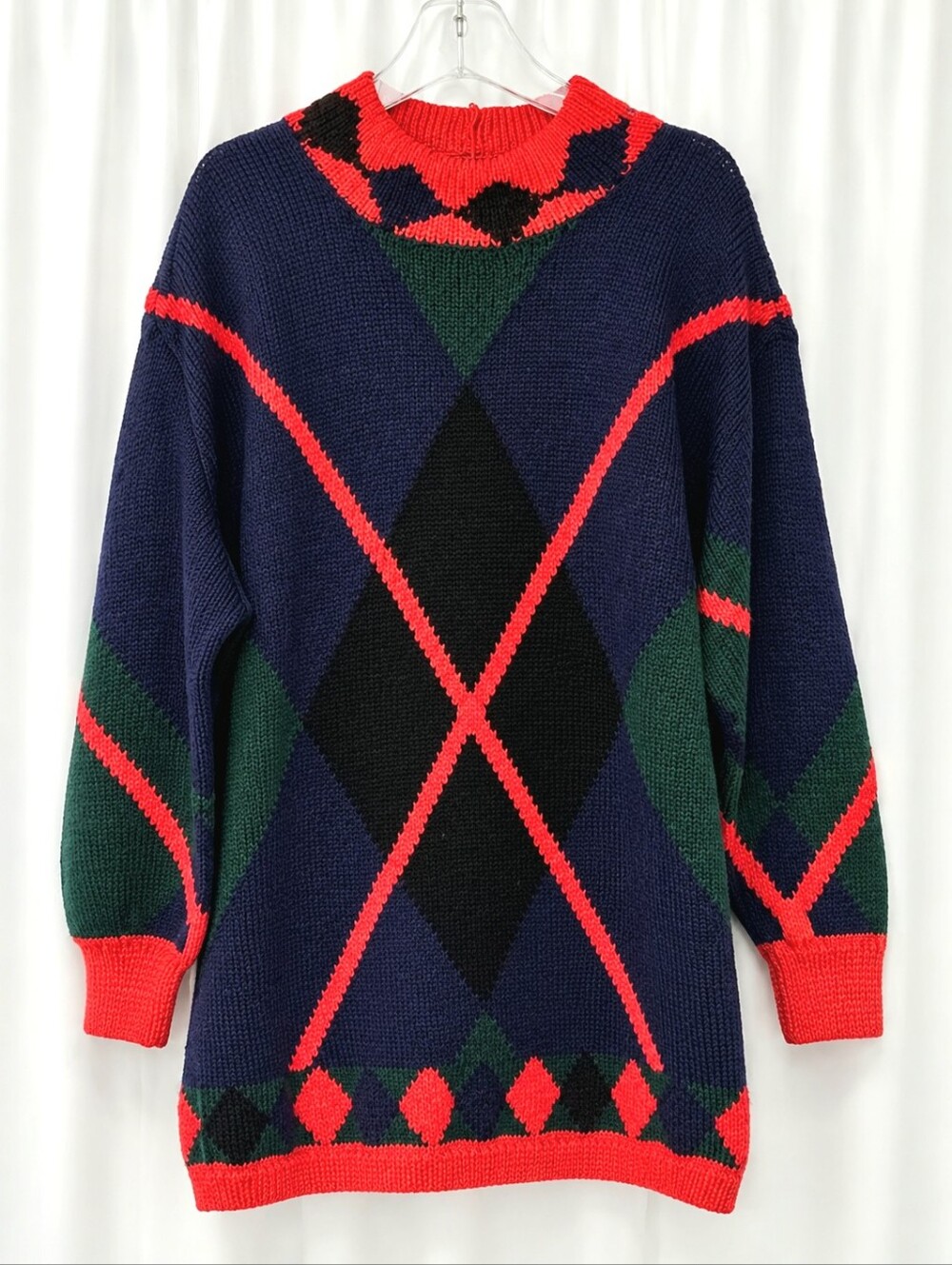 Vintage Berek 1987 Hand Knit Wool Navy Red Green Diamond Oversized Tunic Sweater